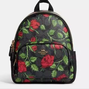 Coach Mini Court Backpac  In Signature Pebbled Leather With Fairytale Rose Print